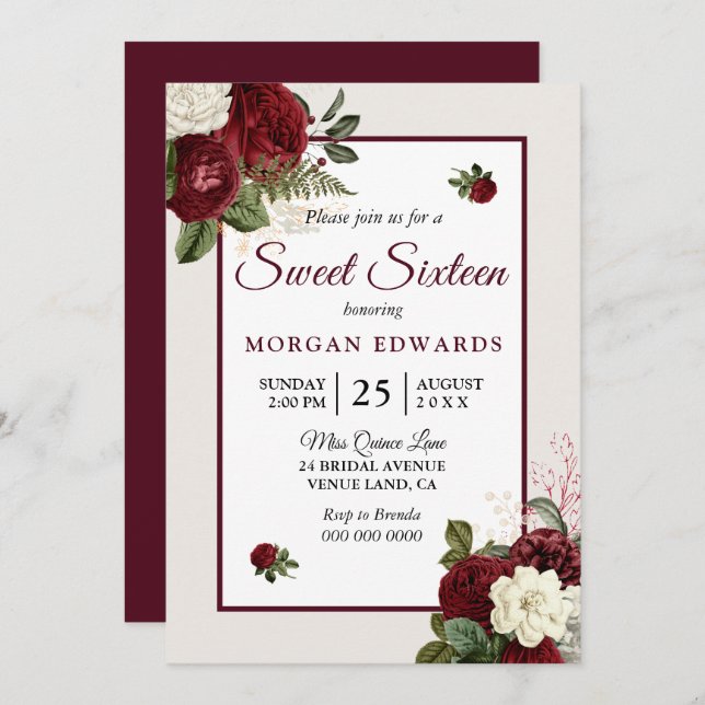 Romantic Burgundy Floral Sweet 16 Party Invite (Front/Back)