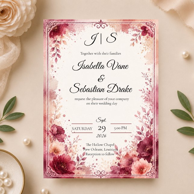 Romantic Burgundy Floral Wedding Invitation (Creator Uploaded)