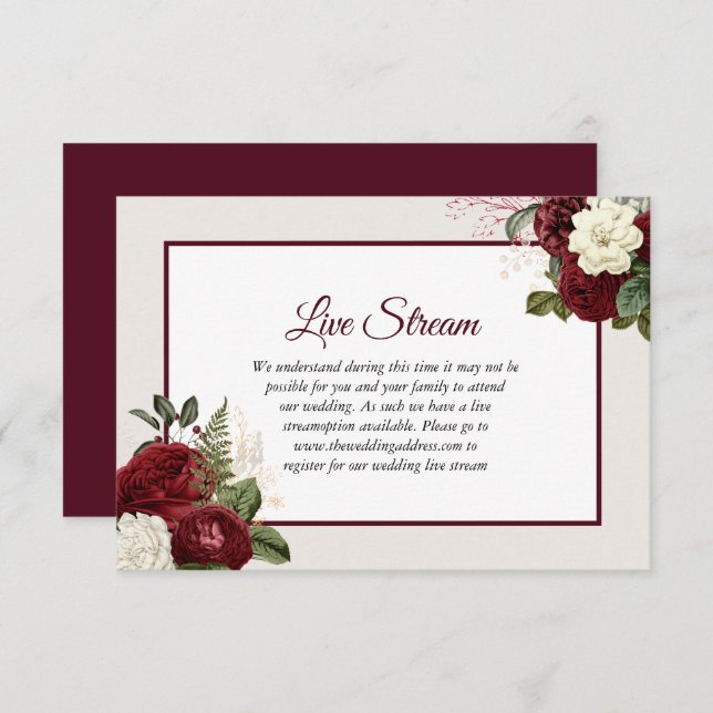 Romantic Burgundy Floral Wedding Live Stream Invitation (Front/Back)