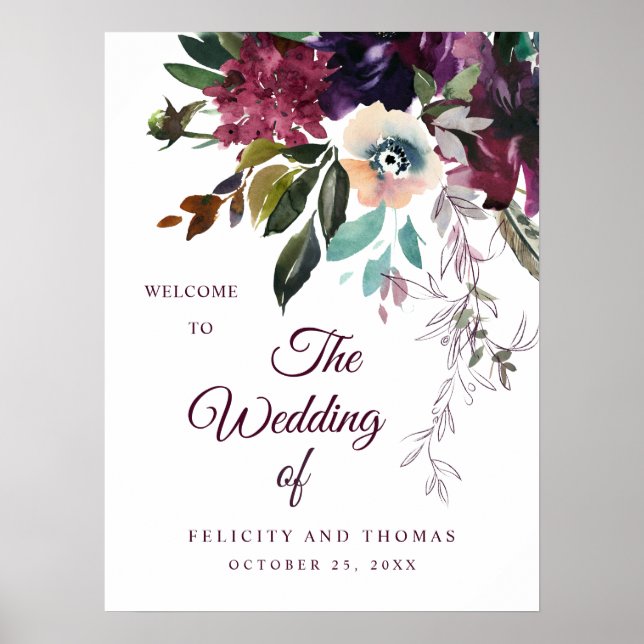 Romantic Burgundy Floral Wedding Welcome Poster (Front)