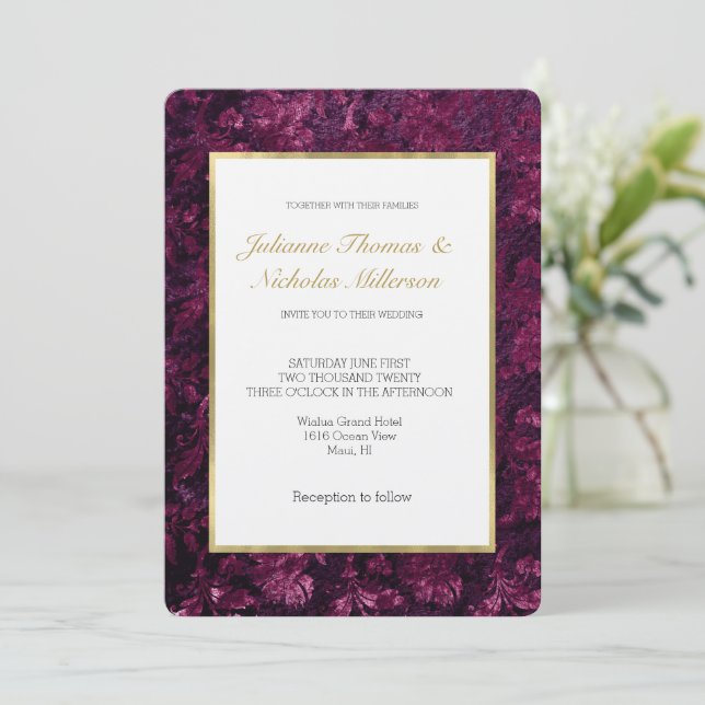 Romantic Burgundy Floral White Gold Wedding Invitation (Standing Front)