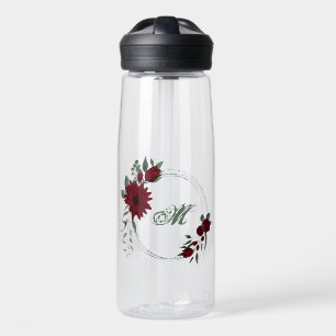 romantic burgundy flowers and green leaves water bottle