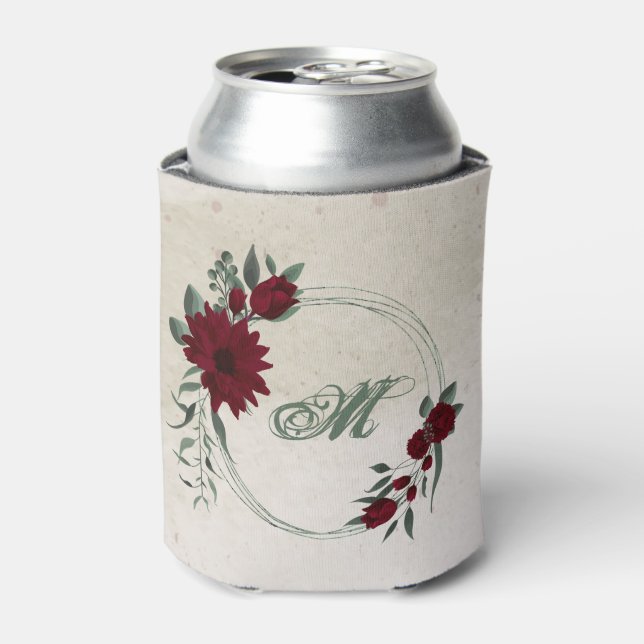 romantic burgundy flowers and green leaves wedding can cooler (Can Front)