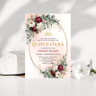 Romantic Burgundy Flowers Gold Quinceañera Invite