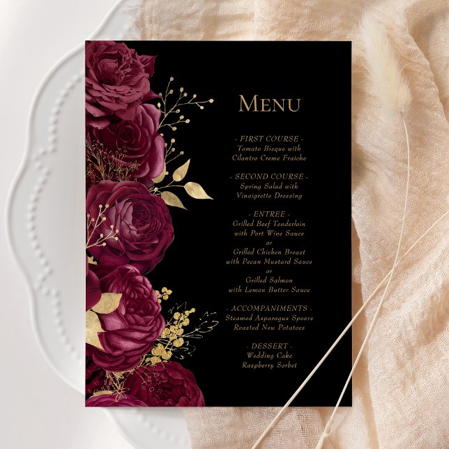 Romantic Burgundy Gold Black Floral Wedding Menu (Creator Uploaded)