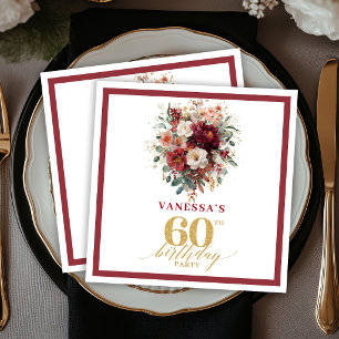 Romantic Burgundy Gold Fall Floral 60th Birthday Napkin