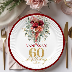 Romantic Burgundy Gold Fall Floral 60th Birthday P Paper Plate