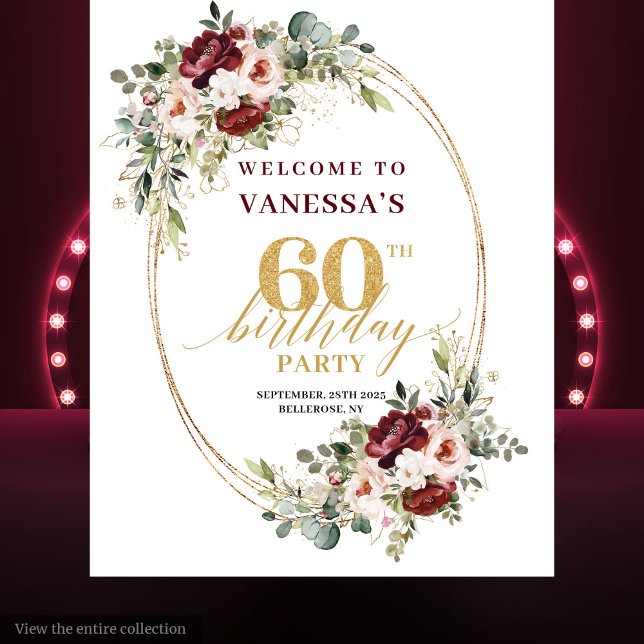 Romantic Burgundy Gold Floral 60th Birthday Banner Tapestry (Romantic Burgundy Gold Floral 60th Birthday Banner)