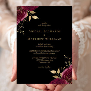 Romantic Burgundy Gold Floral Black Wedding Invitation
