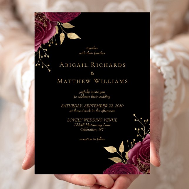 Romantic Burgundy Gold Floral Black Wedding Invitation (Creator Uploaded)