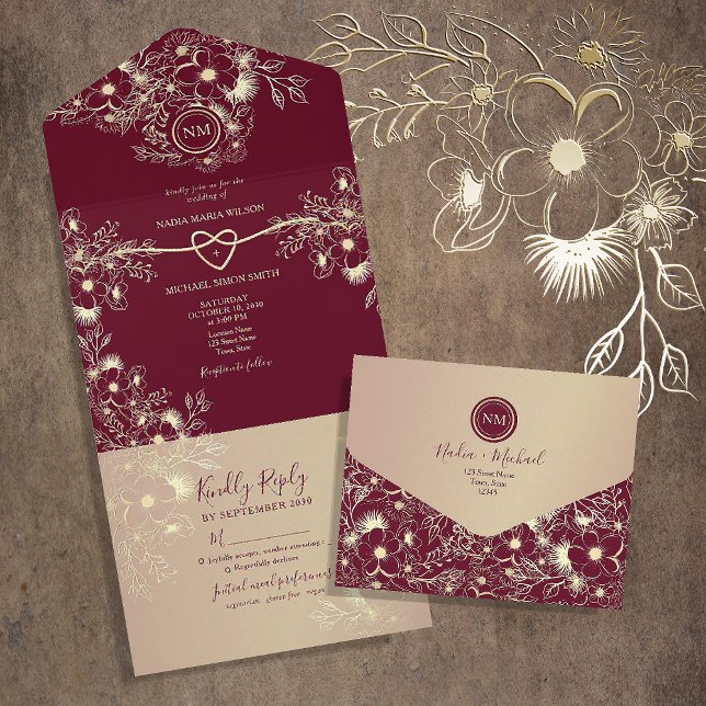 Romantic Burgundy Gold Floral Wedding All In One Invitation (Creator Uploaded)