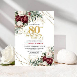 Romantic Burgundy Gold Flowers 80th Birthday Invitation