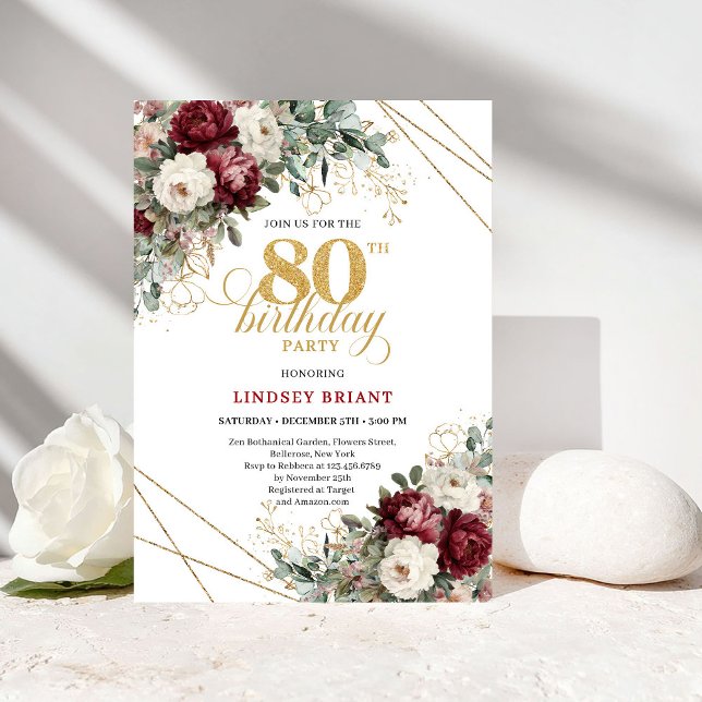Romantic Burgundy Greenery 80th Birthday Invitation (Romantic Burgundy Greenery 80th Birthday)