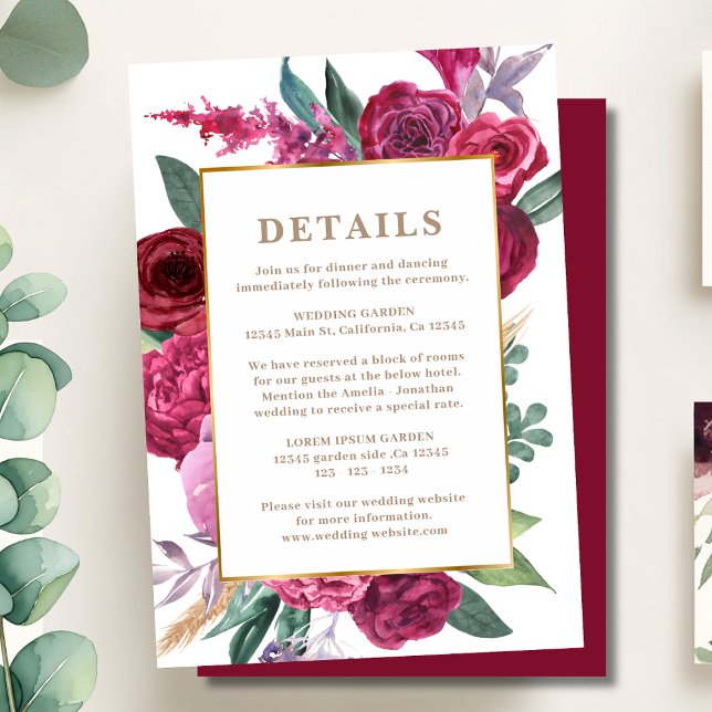 Romantic burgundy Maroon Floral Wedding details Enclosure Card (Creator Uploaded)