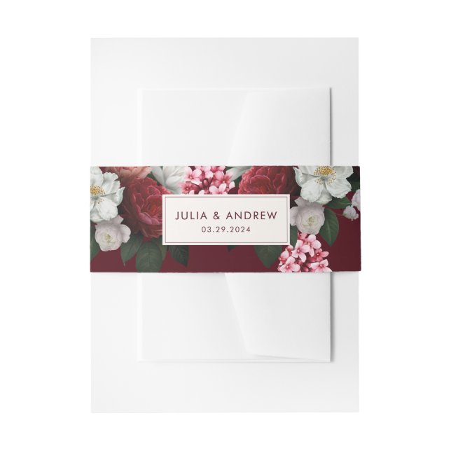 Romantic burgundy maroon floral winter wedding  invitation belly band (Front Example)