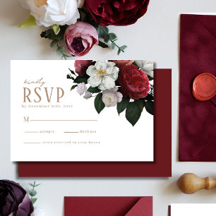 Romantic Burgundy Maroon floral Winter Wedding  RSVP Card