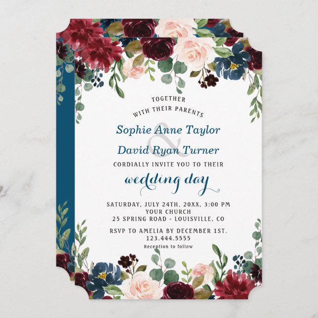 Romantic Burgundy Navy Blue Blush Floral Wedding Invitation (Front/Back)