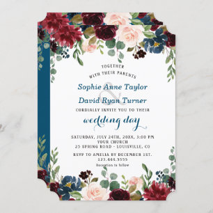 Romantic Burgundy Navy Blue Blush Floral Wedding Invitation