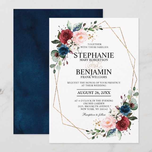Romantic Burgundy Navy Blue Floral Geometric Invitation (Front/Back)