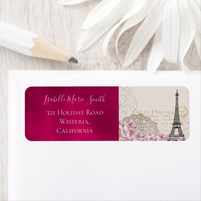 Romantic Burgundy Paris Eiffel Tower Pink Blossoms (Insitu)