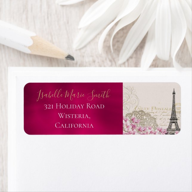 Romantic Burgundy Paris Eiffel Tower Pink Blossoms (Insitu)