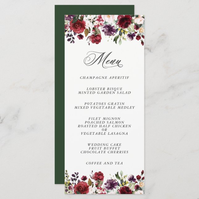 Romantic Burgundy Plum and Blush Floral Menu (Front/Back)