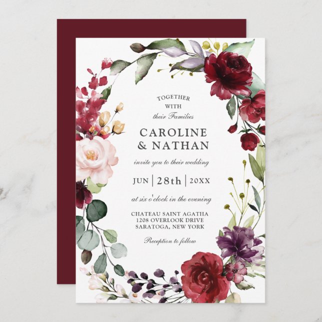 Romantic Burgundy Plum and Blush Floral Wedding Invitation (Front/Back)