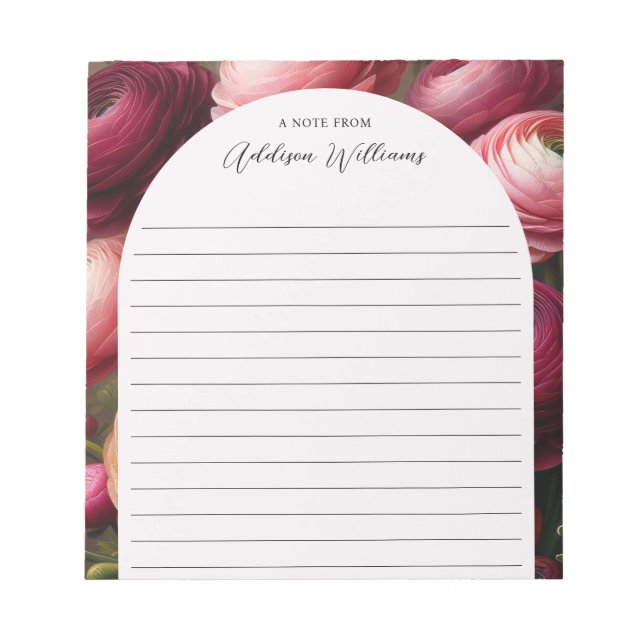 Romantic Burgundy Ranunculus Lined Personalised Notepad (Front)