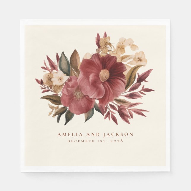 Romantic Burgundy red and copper Wedding Napkin (Front)