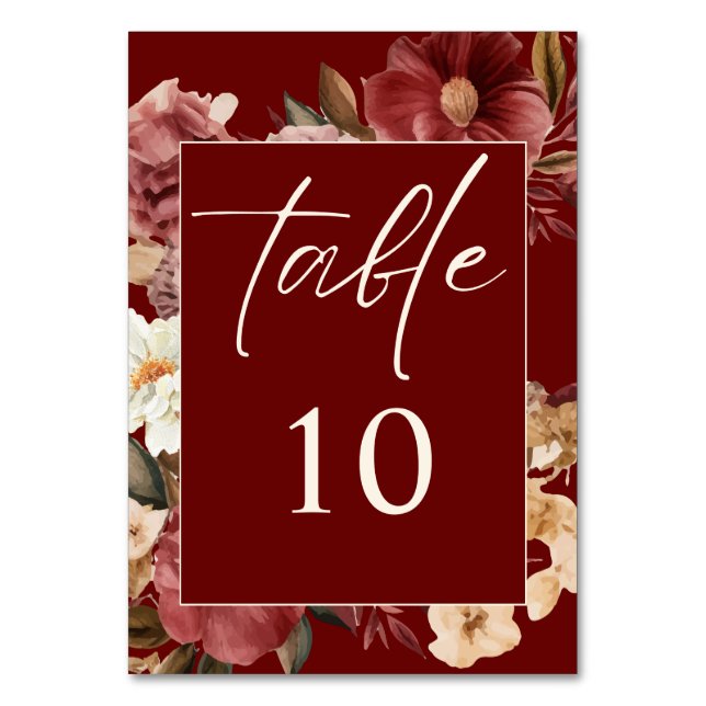 Romantic Burgundy red and copper Wedding Table Number (Front)