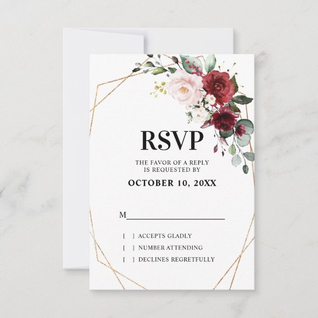 Romantic Burgundy Red Blush Pink Floral Geometric RSVP Card (Front)