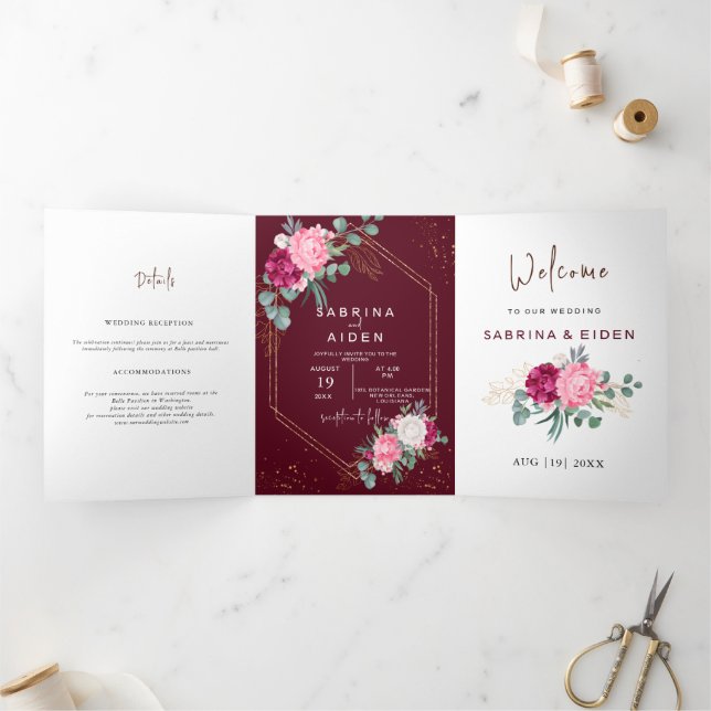 Romantic Burgundy Red | Blush Pink Floral Wedding Tri-Fold Announcement (Inside)