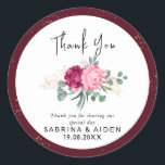 Romantic Burgundy Red | Blush Pink Gold Floral  Classic Round Sticker<br><div class="desc">This design features a geometric watercolor bouquet of realistic eucalyptus,  golden-stained leaves,  greenery foliage and a "Thank You"Calligraphy script. Personalise with your wedding details.</div>