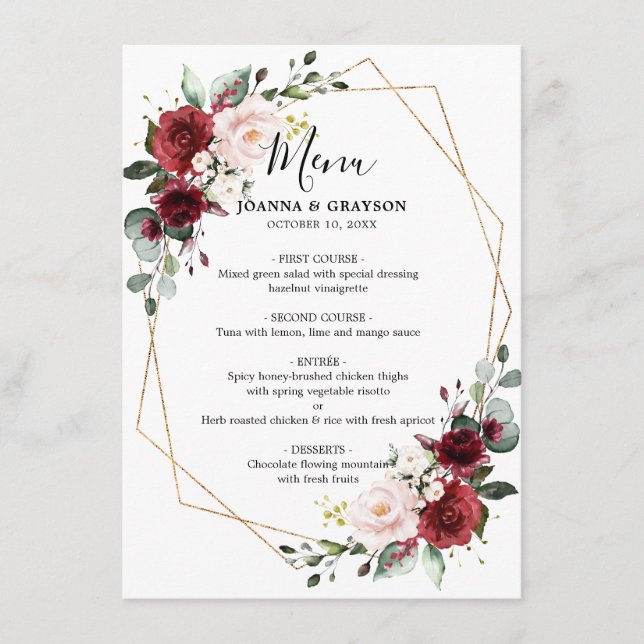 Romantic Burgundy Red Blush Rose Floral Geometric Menu (Front)