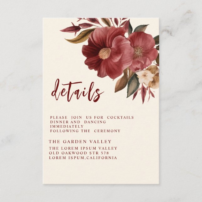 Romantic Burgundy red copper Wedding  Enclosure Card (Front)
