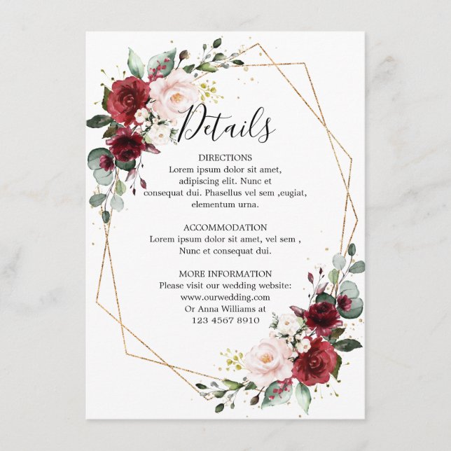 Romantic Burgundy Red Floral Geometric Wedding Enclosure Card (Front)