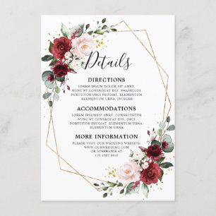 Romantic Burgundy Red Floral Geometric Wedding Enclosure Card