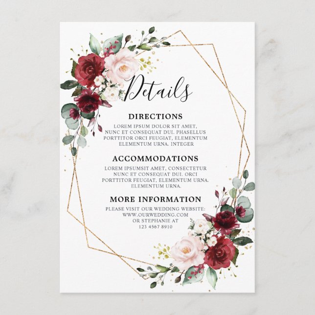 Romantic Burgundy Red Floral Geometric Wedding Enclosure Card (Front)