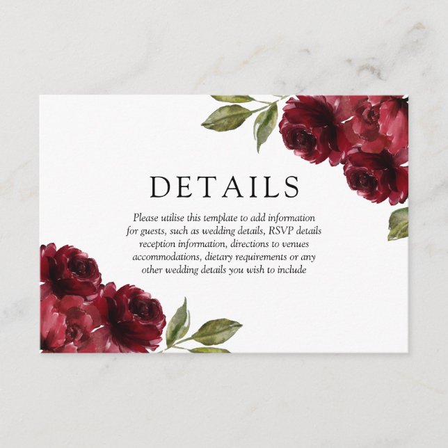 Romantic Burgundy Red Flowers Wedding Details Enclosure Card (Front)