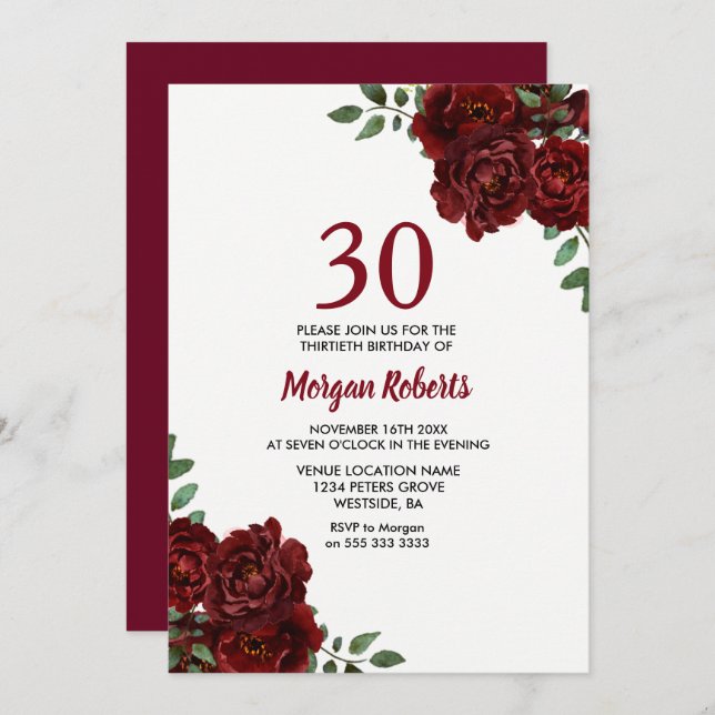 Romantic Burgundy Red Rose 30th Birthday Invite (Front/Back)