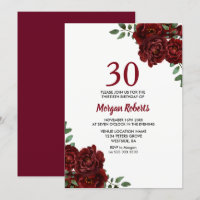 Romantic Burgundy Red Rose 30th Birthday Invite