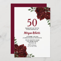 Romantic Burgundy Red Rose 50th Birthday Invite