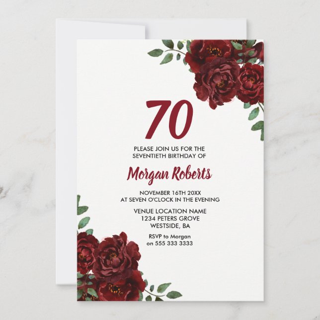 Romantic Burgundy Red Rose 70th Birthday Invite (Front)
