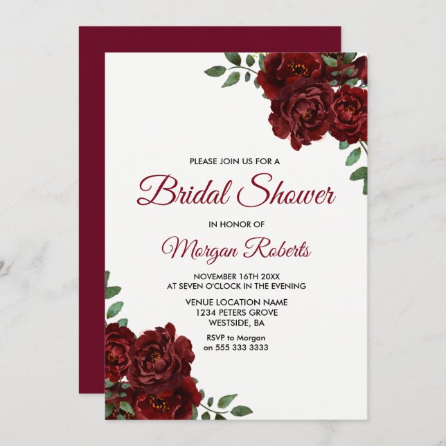 Romantic Burgundy Red Rose Bridal Shower Invite (Front/Back)