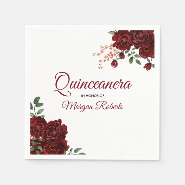Romantic Burgundy Red Rose Floral Quinceanera Napkin (Front)