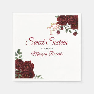 Romantic Burgundy Red Rose Floral Sweet 16 Napkin