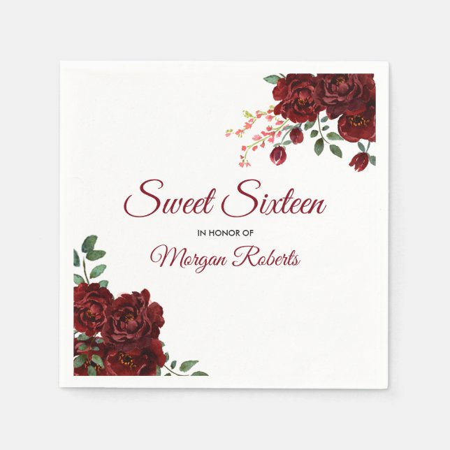 Romantic Burgundy Red Rose Floral Sweet 16 Napkin (Front)