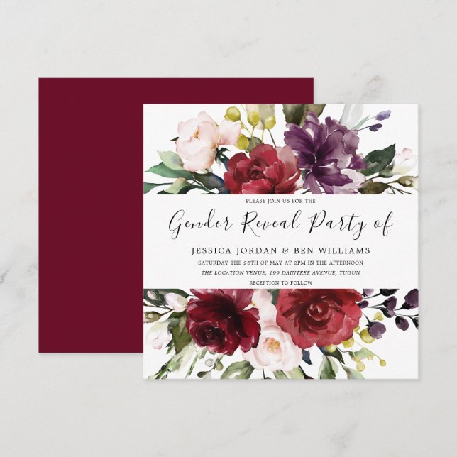 Romantic Burgundy Red Rose Gender Reveal Party Invitation (Front/Back)