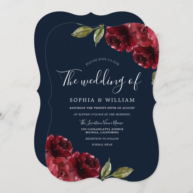 Romantic Burgundy Red Rose & Navy Blue Wedding Invitation (Front/Back)