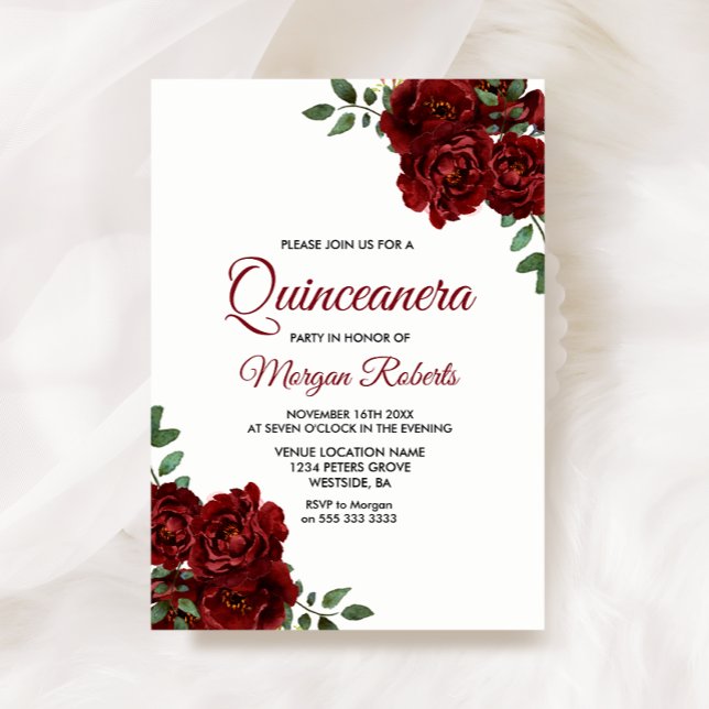 Romantic Burgundy Red Rose Quinceanera Invite (Creator Uploaded)